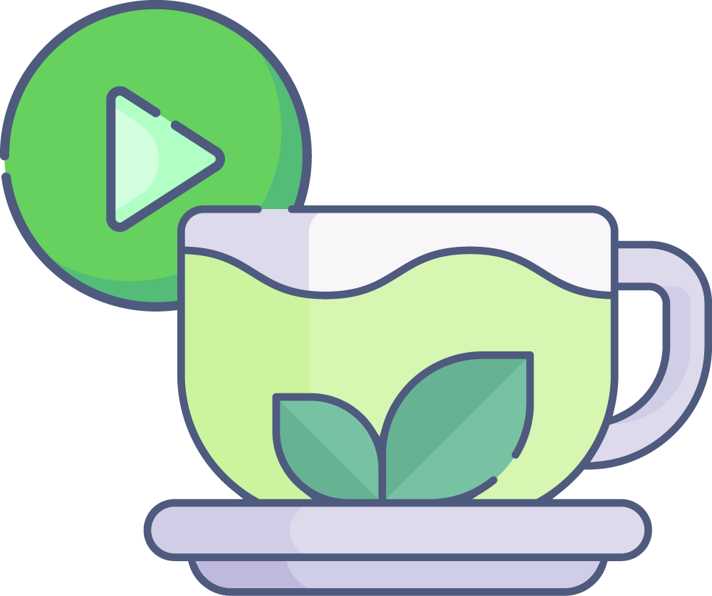 Illustration of a cup of tea and a play button to represent social media videos